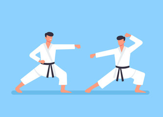 Two sport karate man characters fight. Sport training concept. Vector flat cartoon graphic design illustration © Irina
