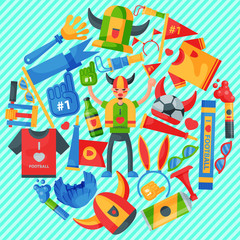 Football team supporter round pattern vector illustration. Soccer sport fan attribute, rooter buff man accessories and supplies to cheer for your favorite team. Sport uniform.