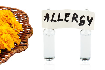 Bound basket with marigolds and tablet with written word ALLERGY on two ampoules. Isolated