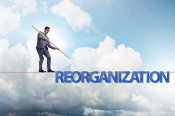 Reorganisation concept with businessman walking on tight rope