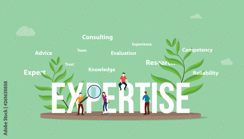 Poster expertise concept with people team and big text with leaf and text related spread around - vector