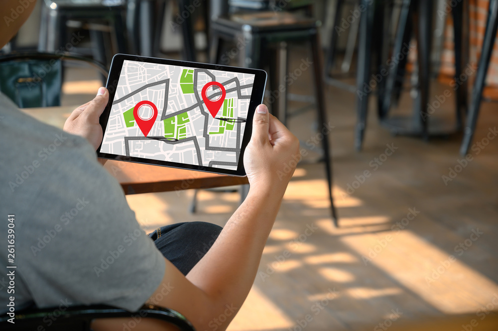 Poster gps map to route destination network connection location street map with gps icons navigation