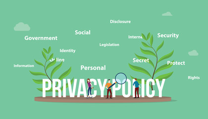 privacy policy concept with people team and big text with leaf and text related spread around - vector