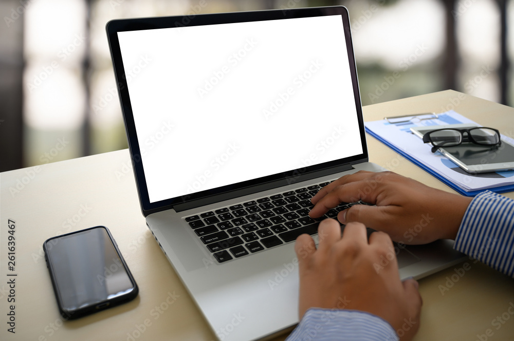Poster man working on his laptop with blank copy space laptop with blank screen mock up blank screen comput