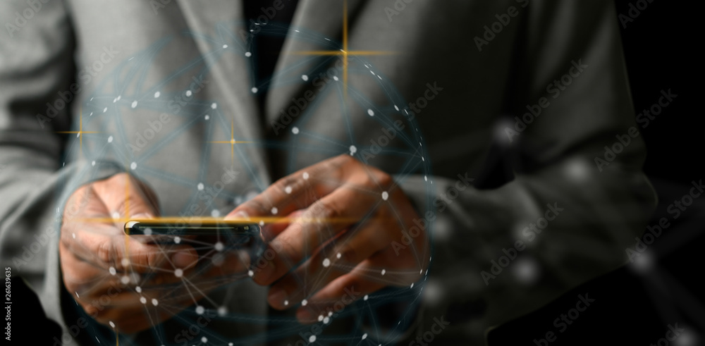 Poster network and data customer connection cloud based web man network sphere 3d rendering