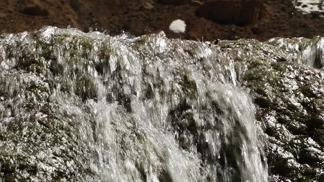 A steady, extreme close up shot of fresh water flowing over wet rocks. 
