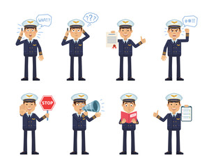 Set of airline pilot characters posing in different situations. Cheerful pilot talking on phone, surprised, thinking, angry, holding stop sign, loudspeaker, document, book. Flat vector illustration
