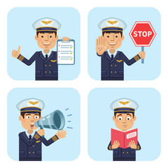 Set of airline pilot characters posing in different situations. Cheerful pilot holding stop sign, loudspeaker, clipboard, reading a book. Flat style vector illustration