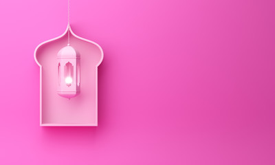 Arabic window shelf and hanging lantern on pink pastel background. Design creative concept of islamic celebration day ramadan kareem or eid al fitr adha. 3D rendering illustration.