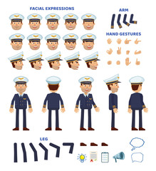 Airline pilot character creation set. Various gestures, emotions, diverse poses, views. Create your own pose, animation. Simple style vector illustration