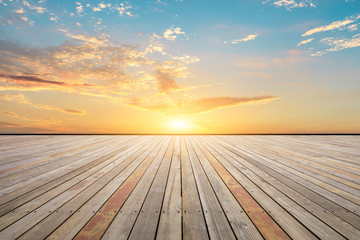 Empty wooden platform and beautiful sky clouds landscape