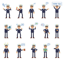 Big set of airline pilot characters showing different actions, emotions, gestures. Cheerful pilot karaoke singing, dancing, holding banner, map and doing other actions. Flat vector illustration