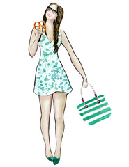 Obraz premium Fashion illustration of a smiling young woman in a green sundress