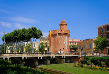 View to the Canal and Castle of Perpignan in springtime. Pyrenees-Orientales, France