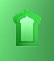 Arabic window on green pastel background. Design creative concept of islamic celebration day ramadan kareem or eid al fitr adha. 3D rendering illustration.