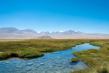Pamir Mountains, Tajikistan - Aug 21 2018: Ak Balyk Lake in Gorno-Badakhshan, Tajikistan. It is located in the World Heritage Site Tajik National Park (Mountains of the Pamirs).