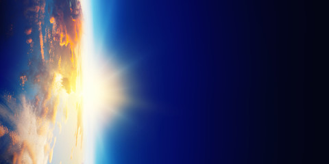 Sunrise on planet orbit, space beauty