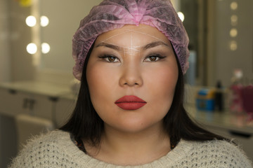 Microbleeding and eyebrow architecture. Portrait of girl with lines of symmetry on her face....
