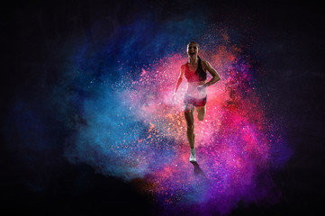 Fast running young woman. Mixed media