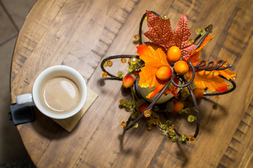 Coffee with fall decor