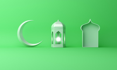 Arabic lantern, crescent moon, window on green pastel background copy space text. Design creative concept for islamic celebration day ramadan kareem or eid al fitr adha. 3d rendering.