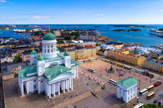 Helsinki cityscape with Lutheran cathedral at Senate square Aerial