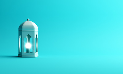 Arabic lantern on blue pastel studio lighting background. Design creative concept of islamic celebration day ramadan kareem or eid al fitr adha. 3D rendering illustration.