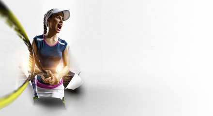 Paper torn hole effect with female tennis player. Mixed media