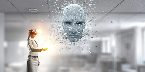 Digital head, artificial intelligence and virtual reality. Mixed media