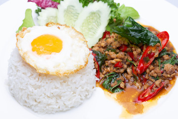 Minced pork basil rice Fried egg. Popular Thai food