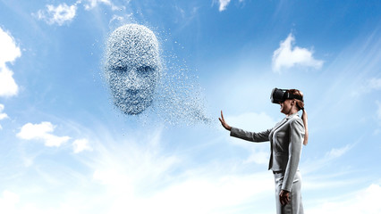 Digital head, artificial intelligence and virtual reality. Mixed media