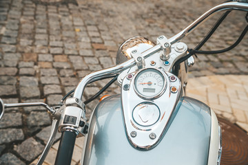 Close up of chopper motorcycle.