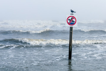 No Swimming Sign set against the waves of Gulf of Mexico near Galveston