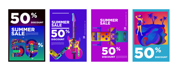 Vector Summer sale 50% discount poster design template for fashion,music,game, and travel