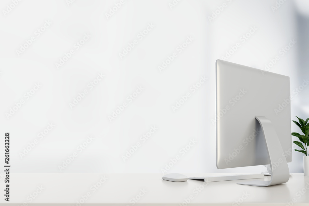 Poster mock up work space computer on office desk. 3d rendering