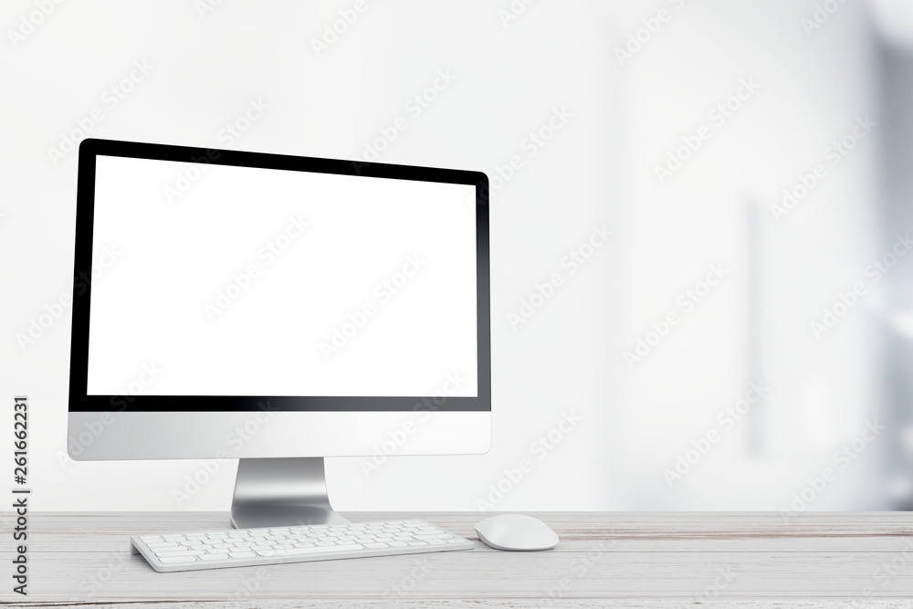 Fototapete mock up work space computer with blank screen on office desk. 3d rendering
