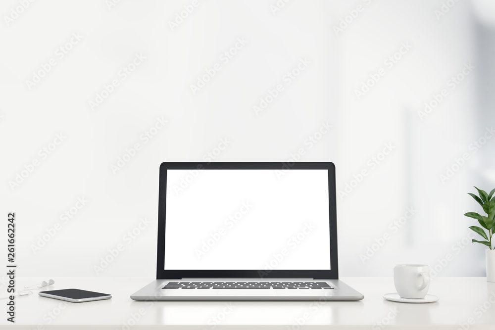 Poster mock up work space laptop with blank screen on office desk. 3d rendering