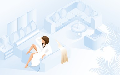 Beautiful Lady in White Bathrobe on Double Bed