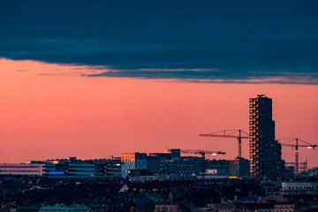 Stockholm, Sweden The city skyline at sunset and the Norra Torn skyscraper.