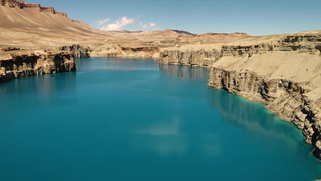 Band-e Amir Lakes. Band-e Amir National Park, Bamyan Province, Afghanistan. Pan Right. Landscape. Panorama. Wide Shot.
