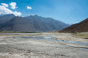 Pamir Mountains, Tajikistan - Aug 22 2018: Afghanistan and Panj river at Wakhan Valley View from Zugvand Village, Gorno-Badakhshan, Tajikistan. It is located in the Tajikistan and Afghanistan border.