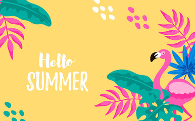 Hello Summer horizontal tropical background. Vector illustration with hand drawn elements