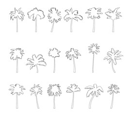 Coconut palm tree silhouette icon set.