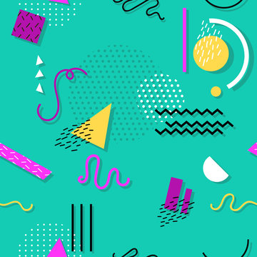 Memphis seamless pattern of geometric shapes for tissue and postcards. © VectorDori