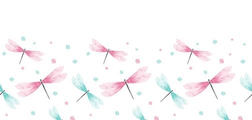 Vector Seamless Pattern with Watercolor Dragonfly  .Perfect for postcards, greeting cards, wedding invitations