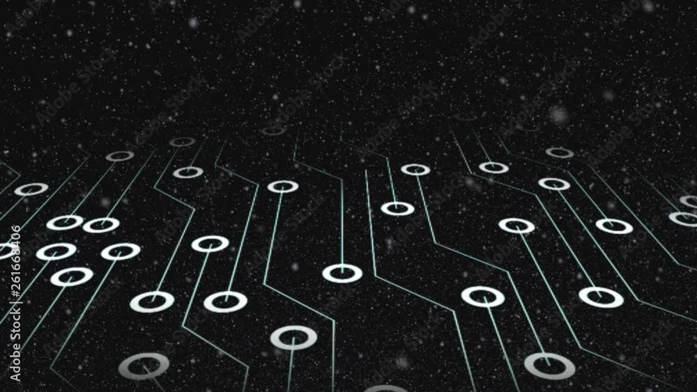 Aufkleber circuit board glowing on particle background. camera flys over virtual circuits as concept for data 