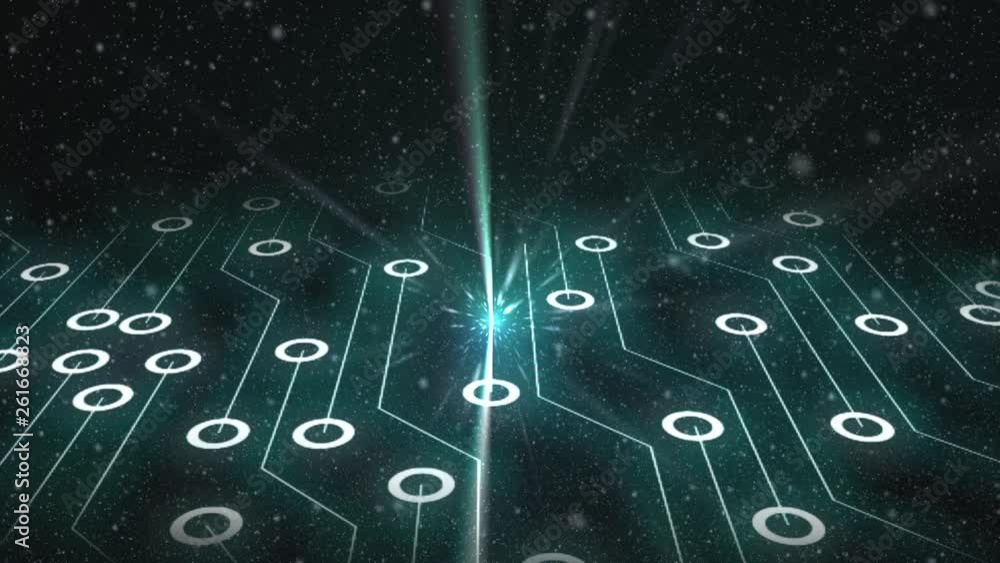 Aufkleber circuit board glowing on particle background. camera flys over virtual circuits as concept for data 