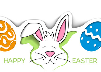 Happy Easter Greeting Card with Cute White Bunny Head and Easter Eggs on White Background with 3D Shadows - Cut Out Paper Style Illustration, Vector