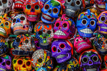 Fototapeta na wymiar Mexican colorful skulls. Mexican / hispanic ceramic pottery Day of the Dead (Dia de los Muertos) skulls