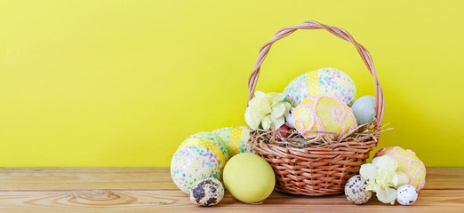 Traditional Easter basket with eggs.
